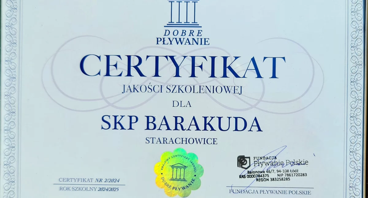 Pływanie, Starachowicki Pływacki Barakuda prestiżowym certyfikatem Wyróżnienie motywacją dalszej pracy - zdjęcie, fotografia