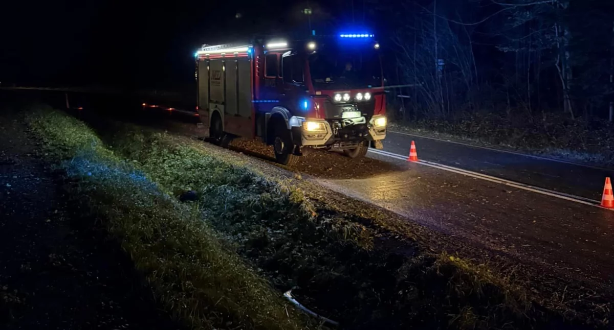 Wypadki drogowe, Wypadek drodze Świętej Katarzynie Kierowca samochodu dachował - zdjęcie, fotografia
