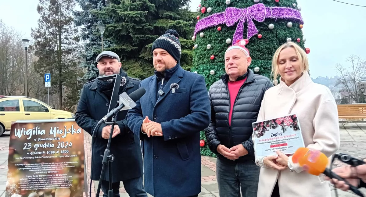 Ks. Damian Drabikowski, prezydent Marek Materek, Max Ciszek, Wioletta Grosicka zapraszają