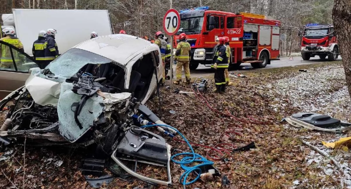 Wypadki drogowe, Wypadek lesie rzepińskim Mężczyzna reanimowany przez strażaków służby medyczne - zdjęcie, fotografia