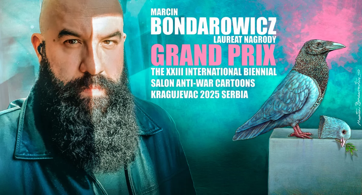 BONDAROWICZ zdobył nagrodę GRAND PRIX 23. Salonu Karykatury Antywojennej w Serbii (2025) za pracę 