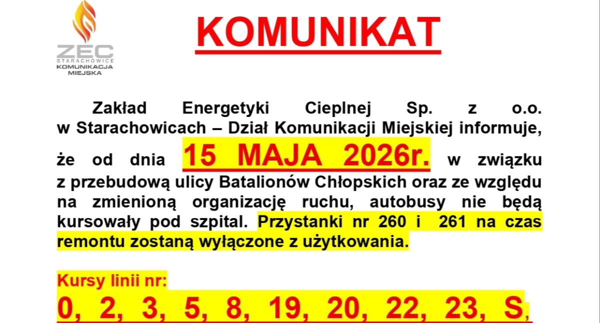 Komunikaty i ogłoszenia, Zmiany komunikacji miejskiej Starachowicach - zdjęcie, fotografia
