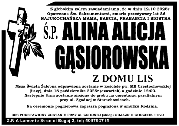 Alina Alicja  Gąsiorowska z d. Lis