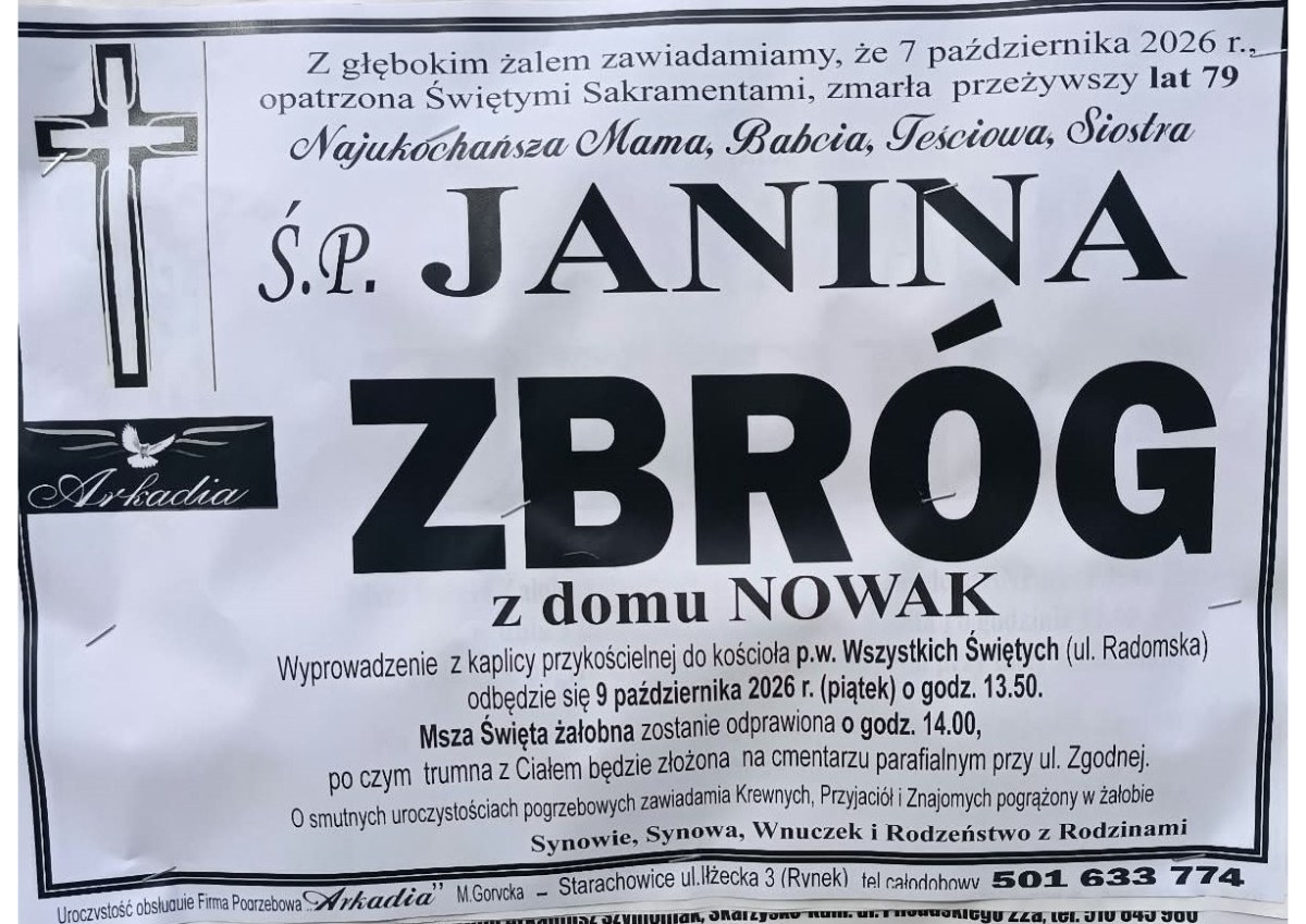 Nekrolog: śp. Janina Zbróg z d. Nowak, zm. 7 października 2026 r.