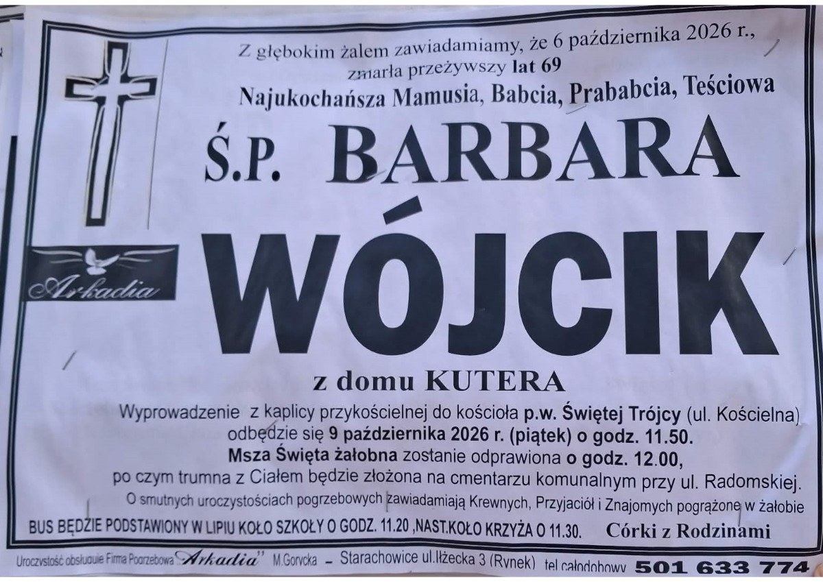 Nekrolog: śp. Barbara Wójcik z d. Kutera, zm. 6 października 2026 r.