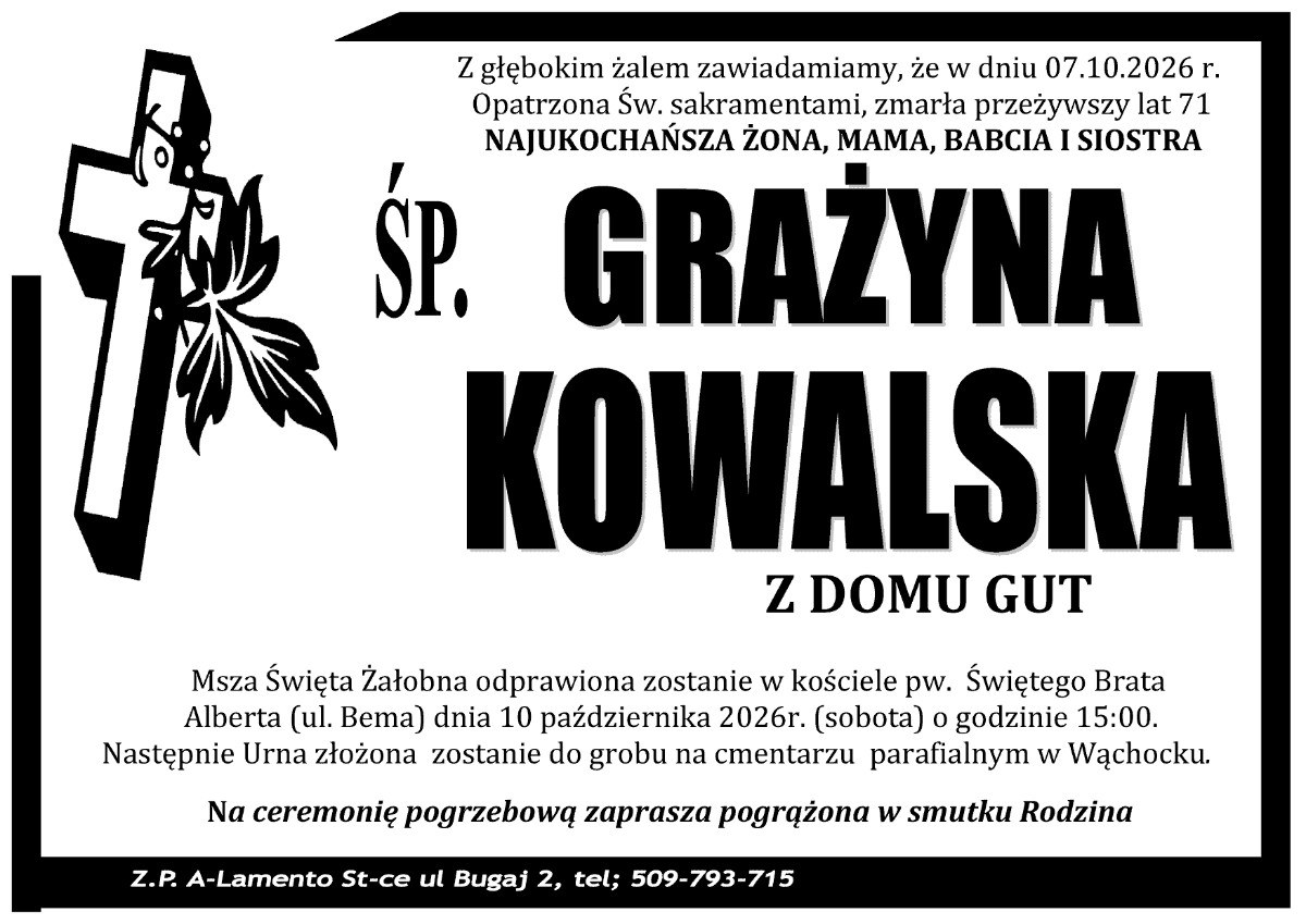 Nekrolog: śp. Grażyna Kowalska z d. Gut, zm. 7 października 2026 r.