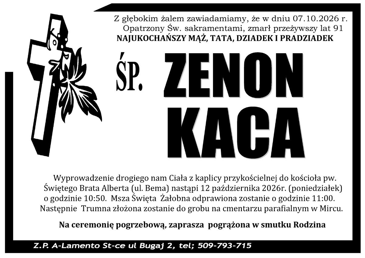 Nekrolog: śp. Zenon Kaca, zm. 7 października 2026 r.