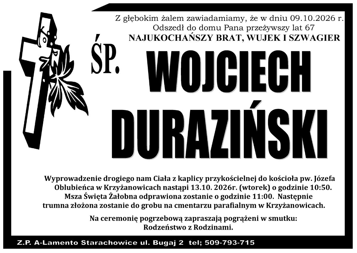 Nekrolog: śp. Wojciech Duraziński, zm. 9 października 2026 r.