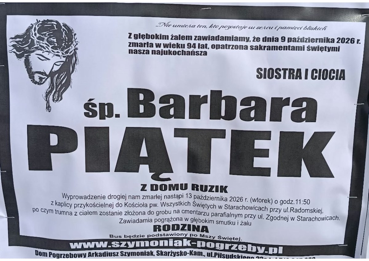 Nekrolog: śp. Barbara Piątek z d. Ruzik, zm. 9 października 2026 r.