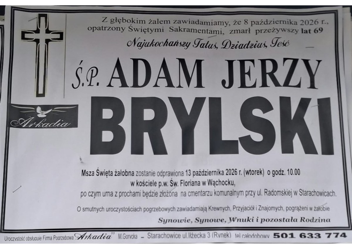 Nekrolog: śp. Adam Jerzy Brylski, zm. 8 października 2026 r.
