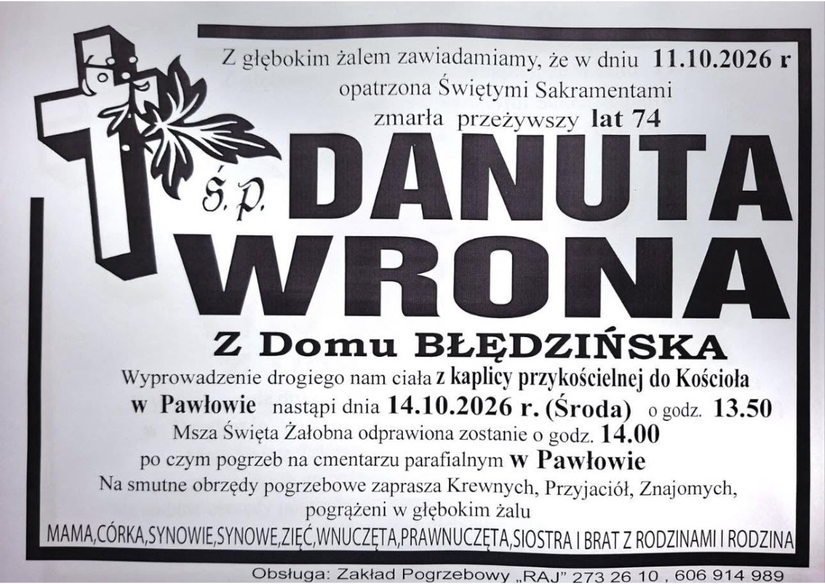 Nekrolog: śp. Danuta Wrona z d. Błędzińska, zm. 11 października 2026 r.