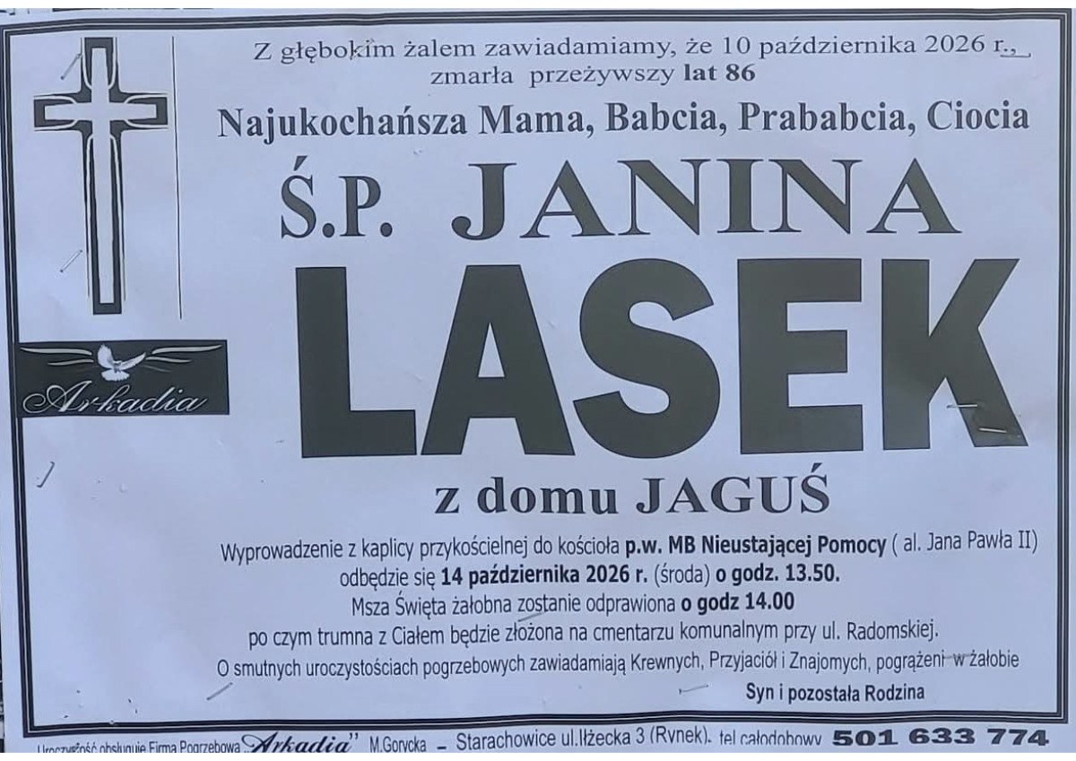 Nekrolog: śp. Janina Lasek z d. Jaguś, zm. 10 października 2026 r.