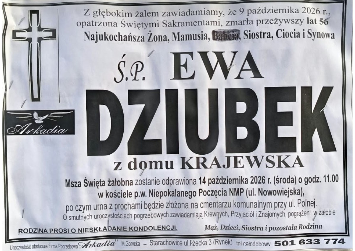 Nekrolog: śp. Ewa Dziubek z d. Krajewska, zm. 9 października 2026 r.