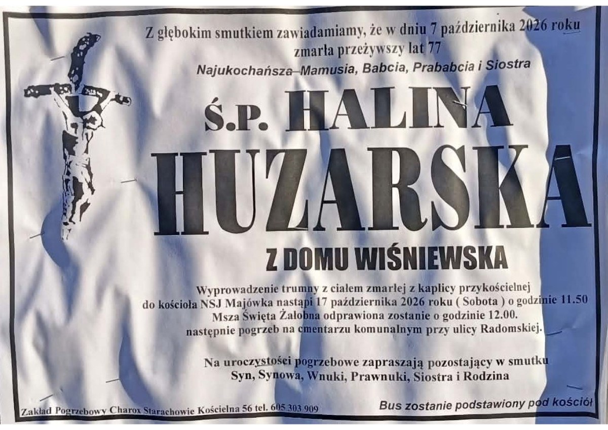 Nekrolog: śp. Halina Huzarska z d. Wiśniewska, zm. 7 października 2026 r.