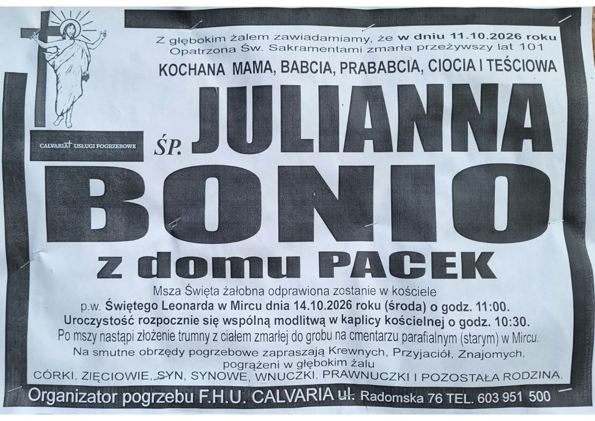Nekrolog: śp. Julianna Bonio z d. Pacek, zm. 11 października 2026 r.