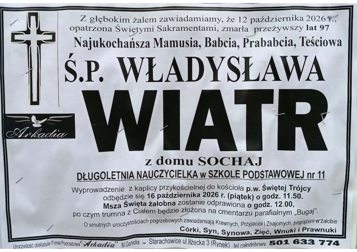 Nekrolog: śp. Władysława Wiatr z d Sochaj, zm. 12 października 2026 r.