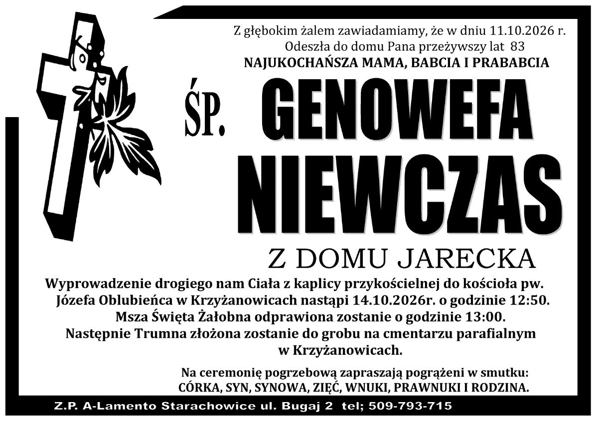 Nekrolog: śp. Genowefa Niewczas z d. Jarecka, zm. 11 października 2026 r.
