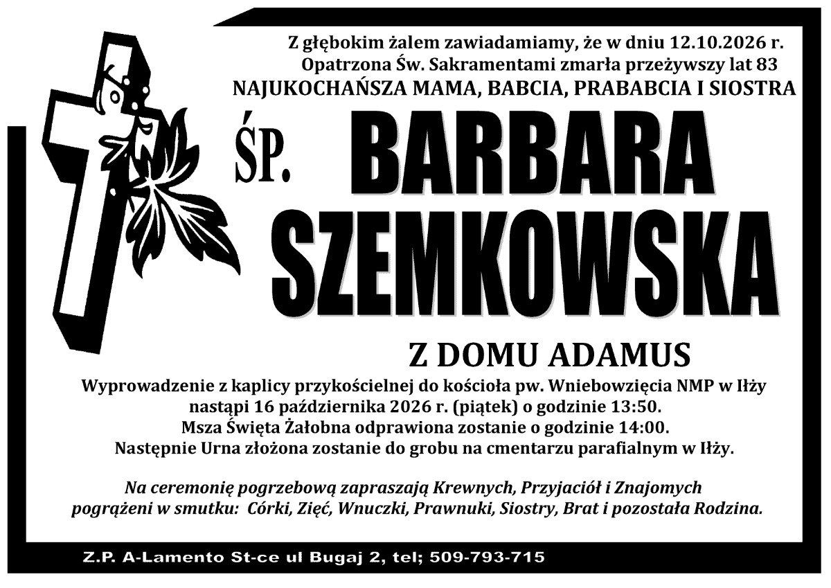 Nekrolog: śp. Barbara Szemkowska z d. Adamus, zm. 12 października 2026 r.