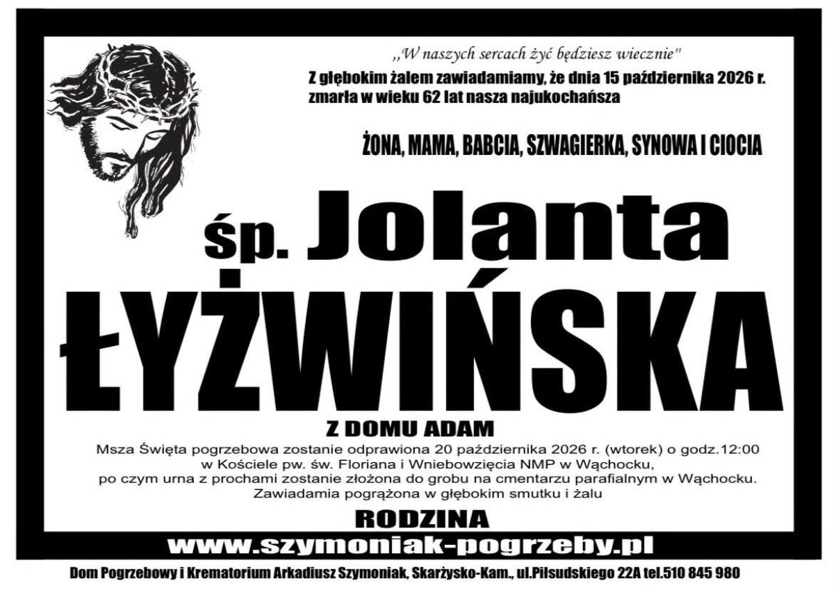 Nekrolog: śp. Jolanta Łyżwińska z d. Adam, zm. 15 października 2026 r.