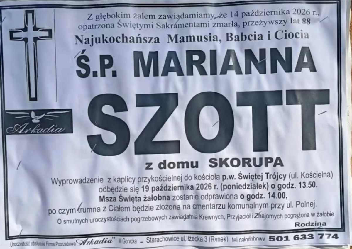 Nekrolog: śp. Marianna Szott z d. Skorupa, zm. 14 października 2026 r.