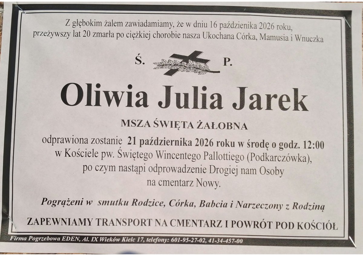 Nekrolog: śp. Oliwia Julia Jarek, zm. 16 października 2026 r.