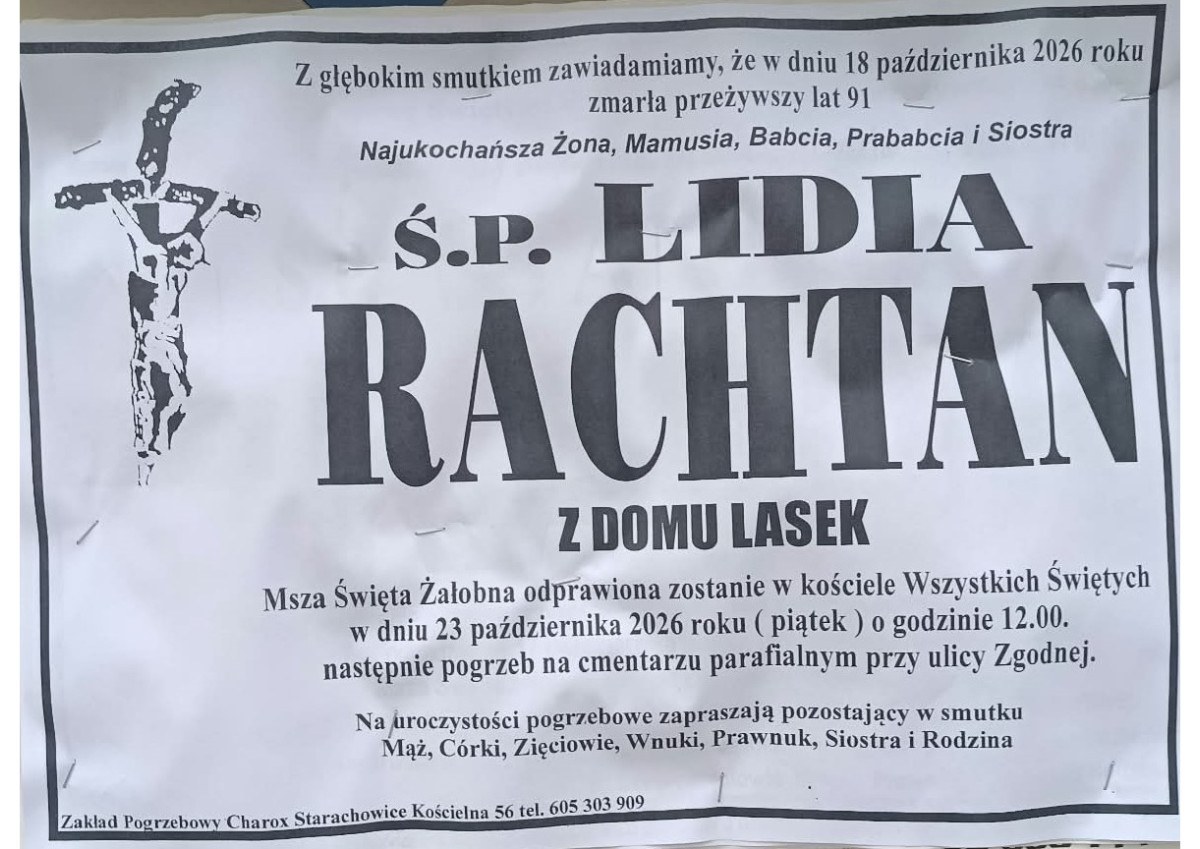 Nekrolog: śp. Lidia Rachtan z d. Lasek, zm. 18 października 2026 r.