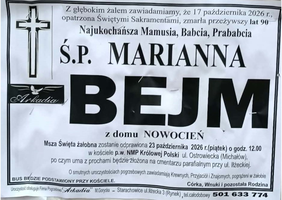 Nekrolog: śp. Marianna Bejm z d. Nowocień, zm. 17 października 2026 r.