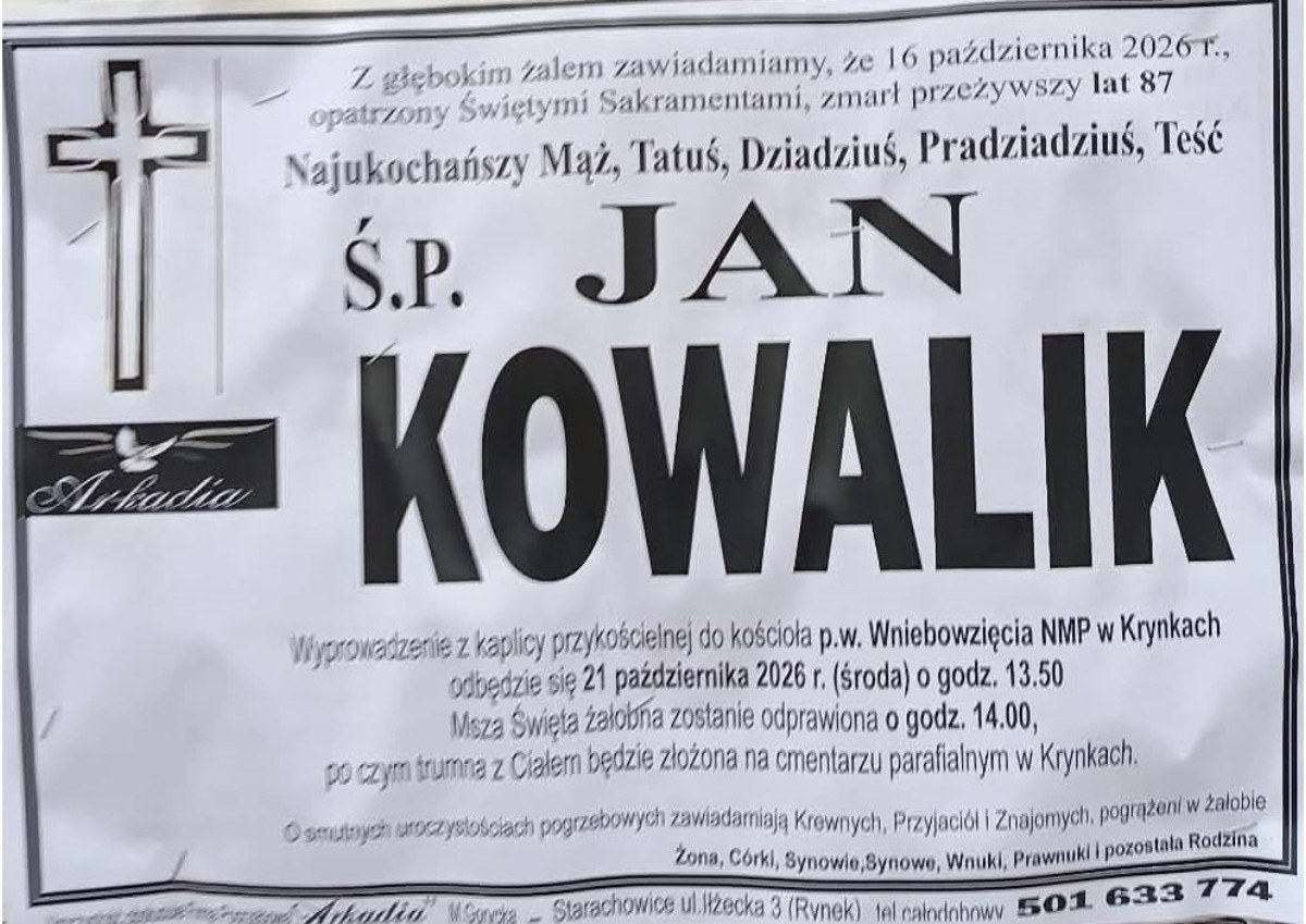 Nekrolog: śp. Jan Kowalik, zm. 16 października 2026 r.