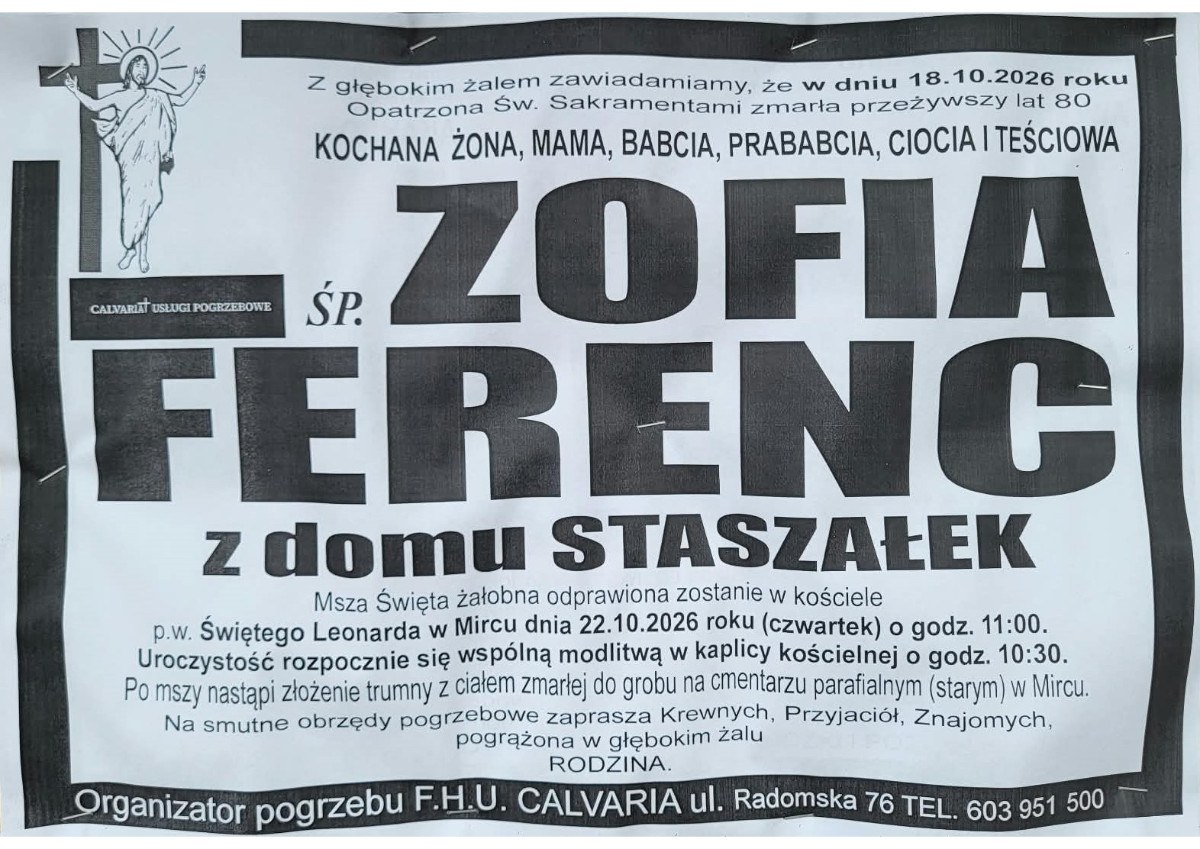 Nekrolog: śp. Zofia Fereniec z d. Staszałek, zm. 18 października 2026 r.