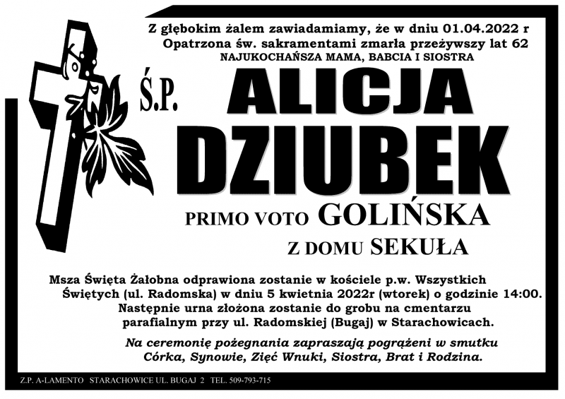 Alicja Dziubek  voto Golińska z d. Sekuła