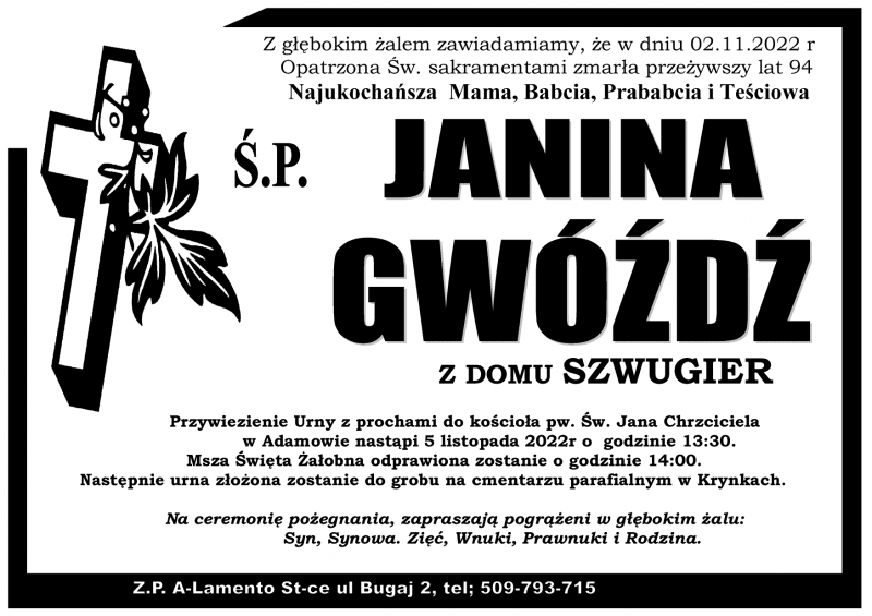 Janina  Gwoźdź z d. Szwugier